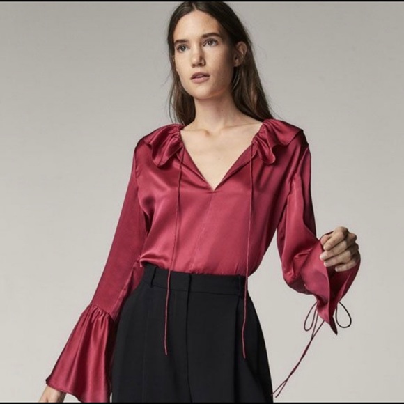 Massimo Dutti SILK BLOUSE WITH RUFFLE TRIMS -- Fuscia - Picture 1 of 3